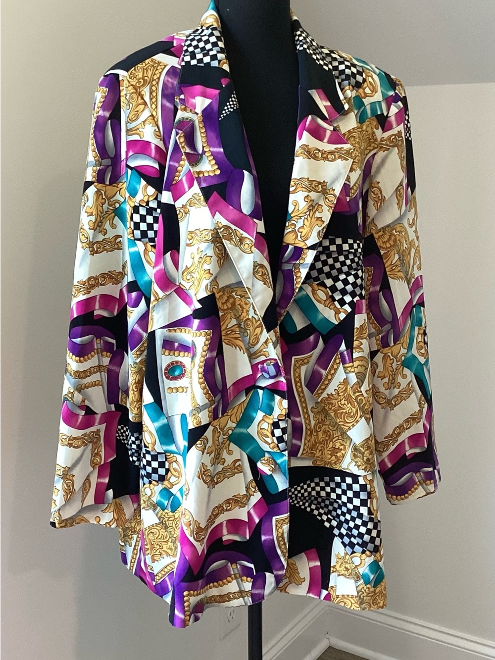 Maggie Sweet Vintage Baroque Scarf Print Blazer Large  90s Maximalist Statement